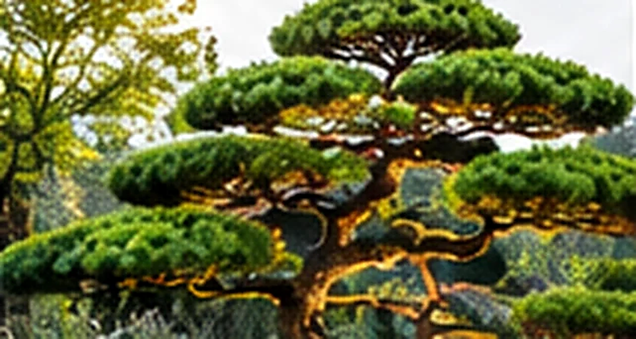 Exclusieve aangelegde tuin met pinus